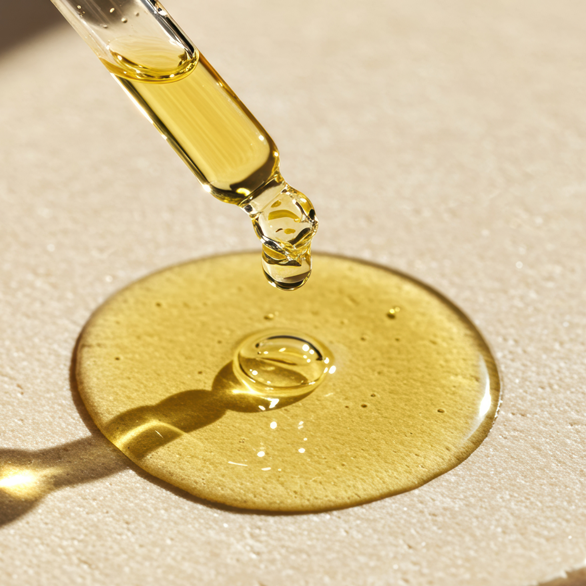 Close-up of a dropper with yellow liquid dropping onto a beige surface.