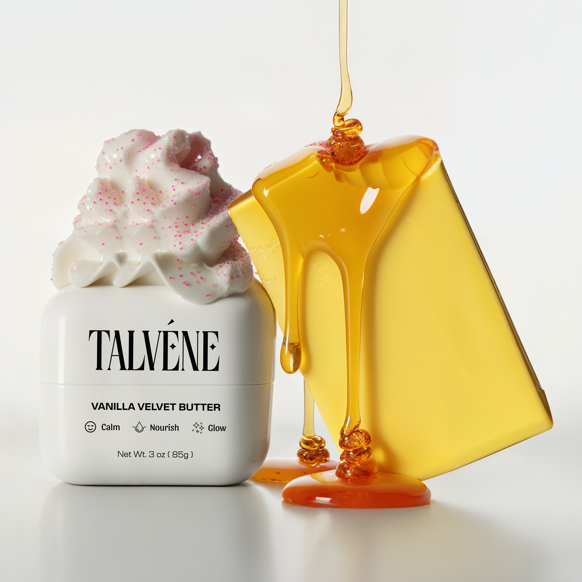 Talvene Vanilla Velvet Butter with honey drizzle on a white background