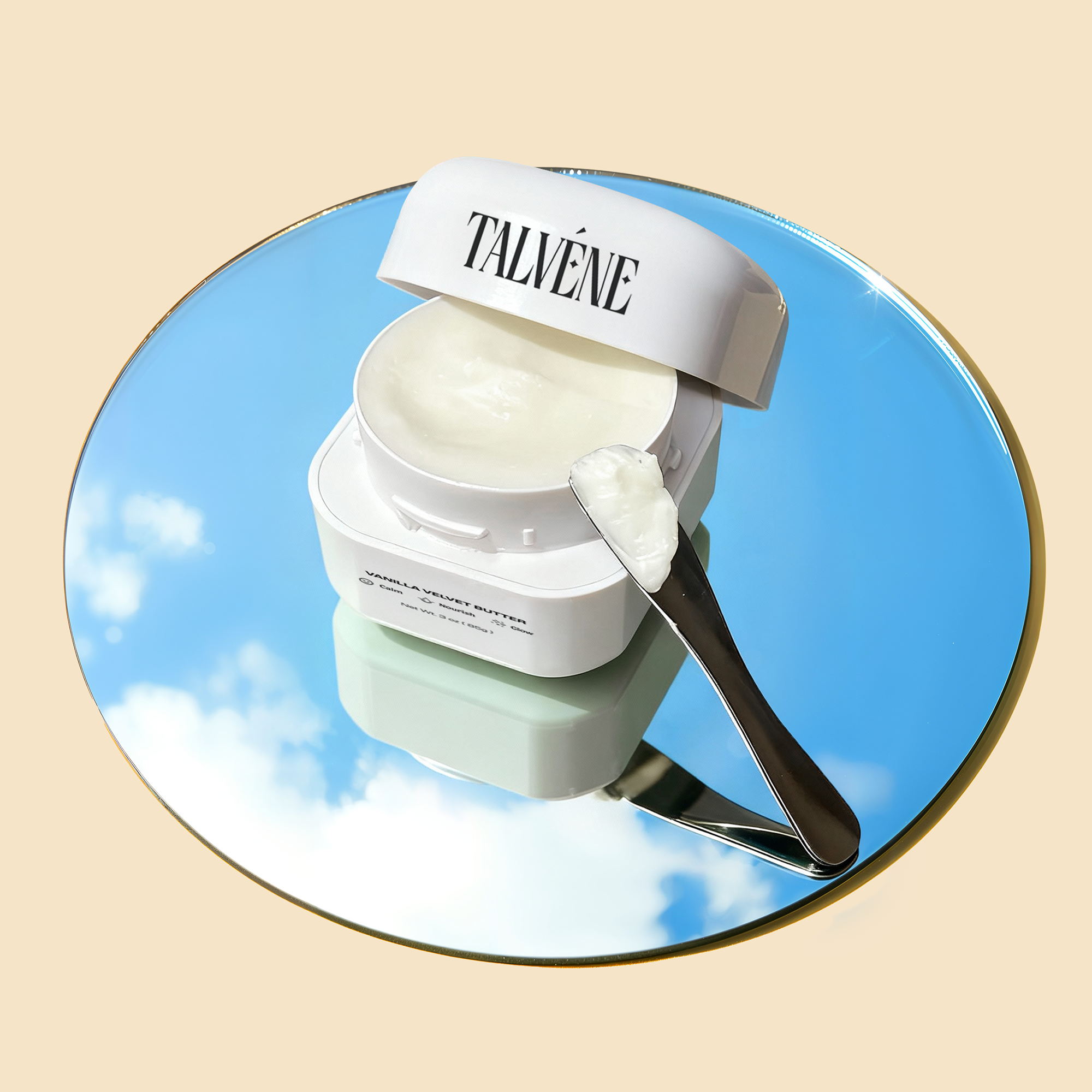 Talveene skincare product with a spoon on a blue circular background