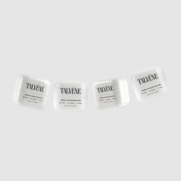 Four containers of Talveéne product on a light gray background