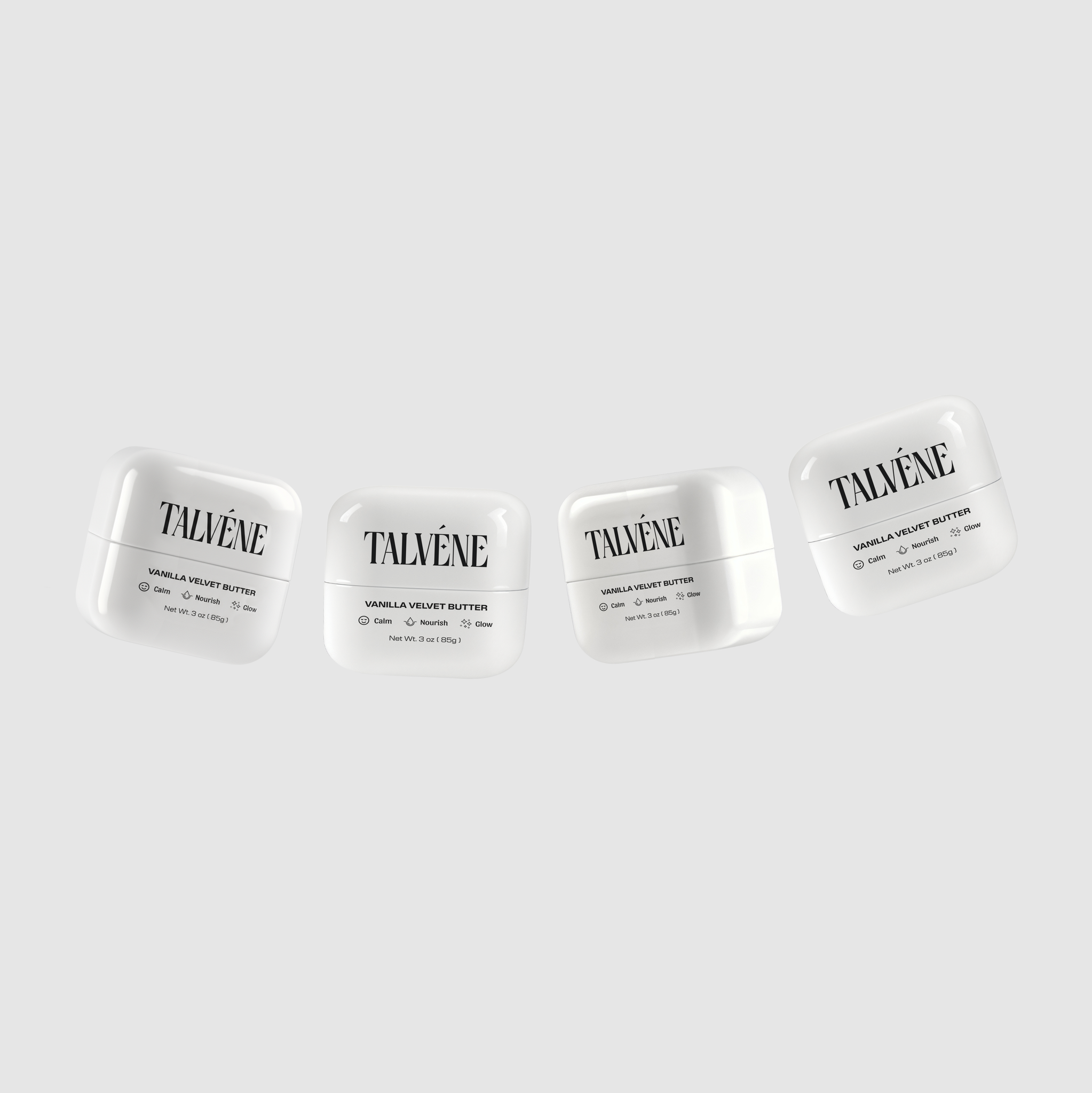 Four containers of Talveéne product on a light gray background